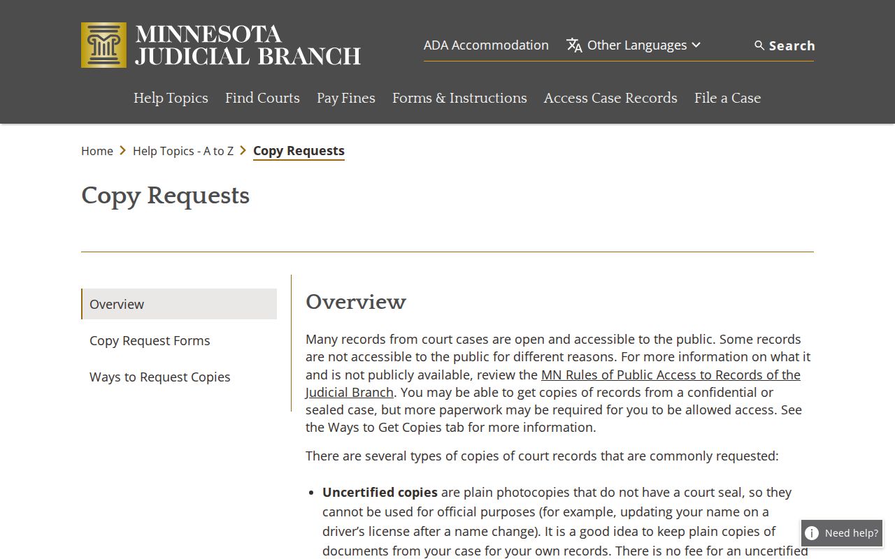 Sherburne County civil docket court copy request information