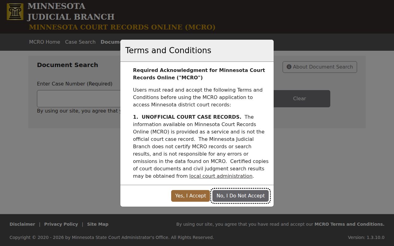 Sherburne County civil docket MCRO Document Search field