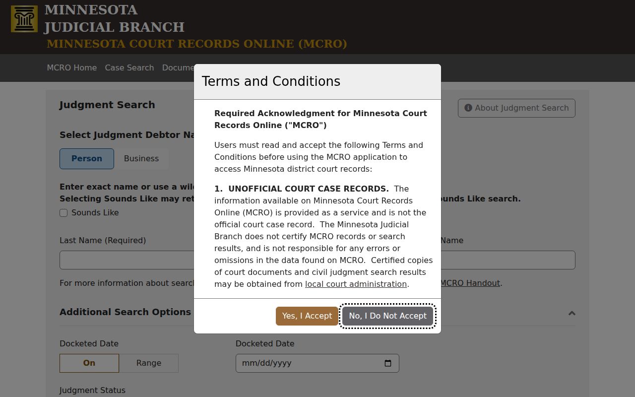 Sherburne County civil docket MCRO Judgment Search controls