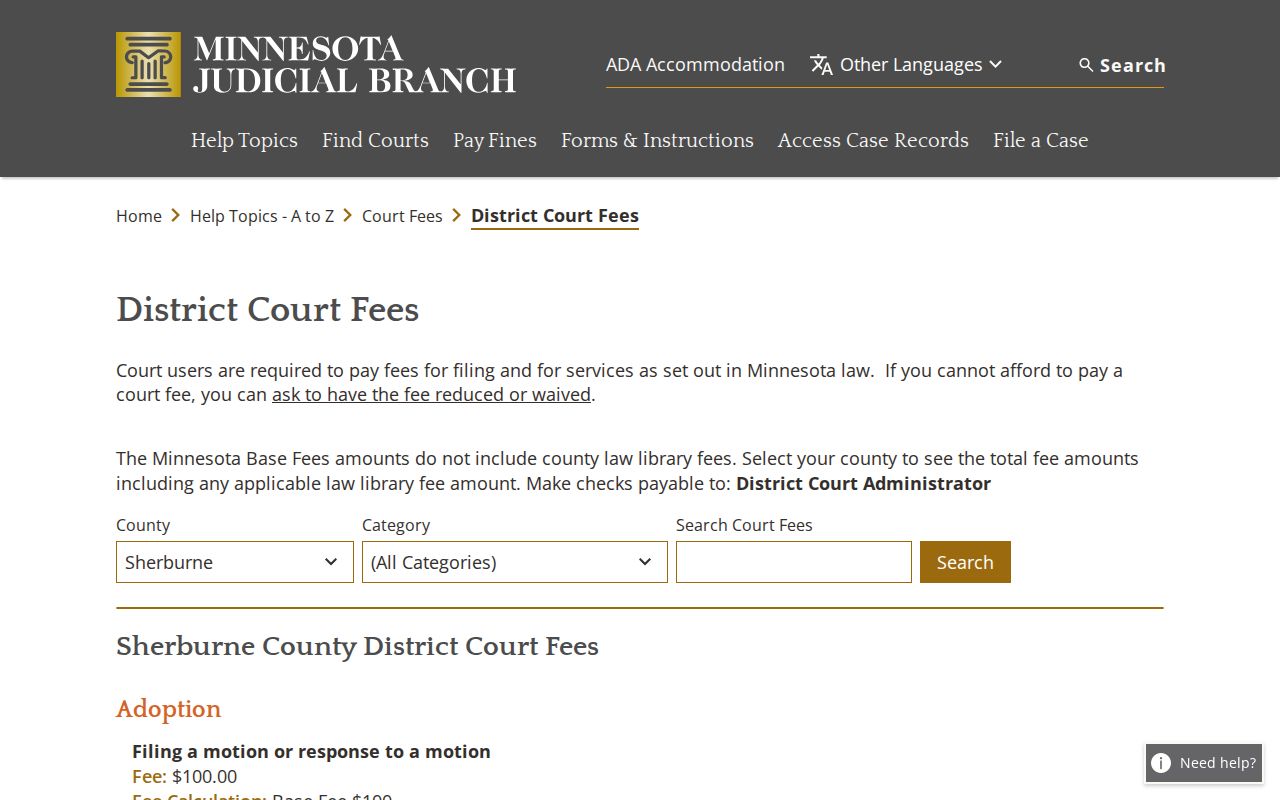 Sherburne County civil docket District Court fee schedule