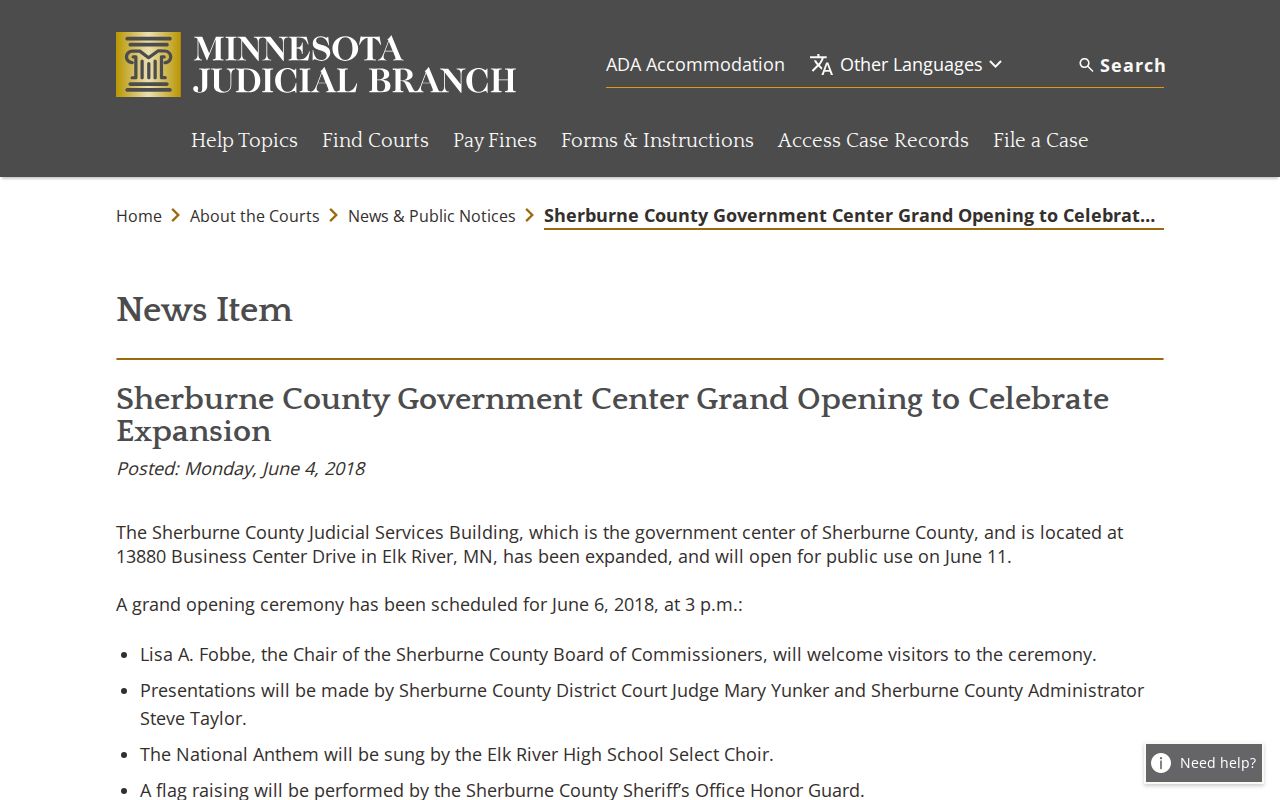 Sherburne County criminal docket courthouse access and Judicial Services expansion