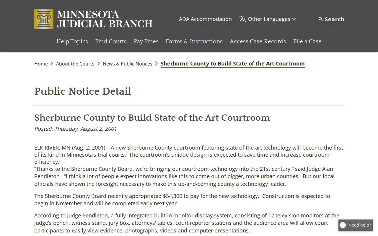 Sherburne County criminal docket courtroom technology history