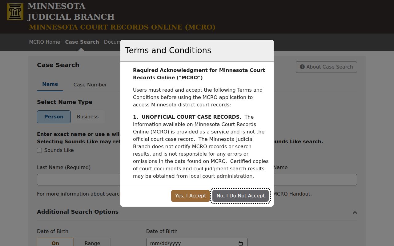 Sherburne County criminal docket MCRO Case Search controls