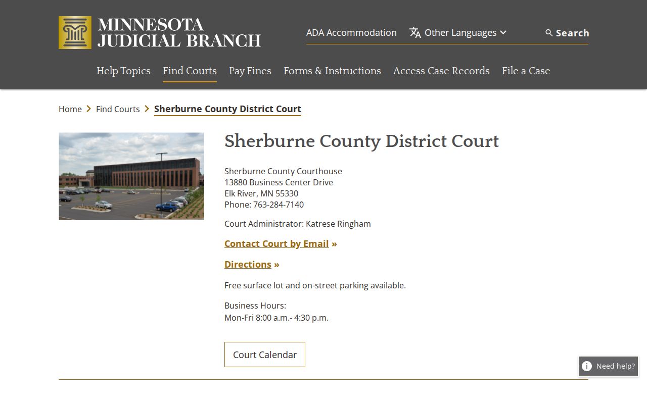 Sherburne County court docket source page for District Court contact and jurisdiction